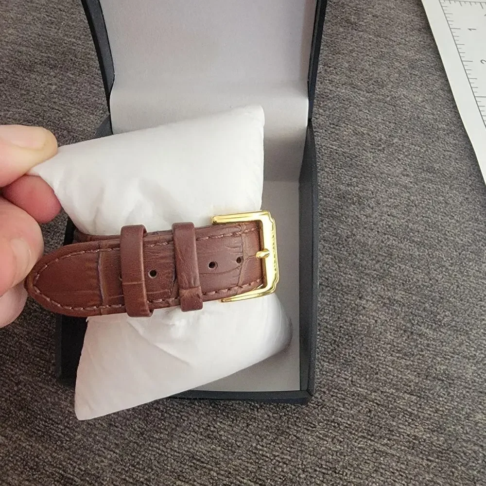 Vintage Brigada Quartz Mens Dress Watch Gold Case White Dial Brown Leather Strap